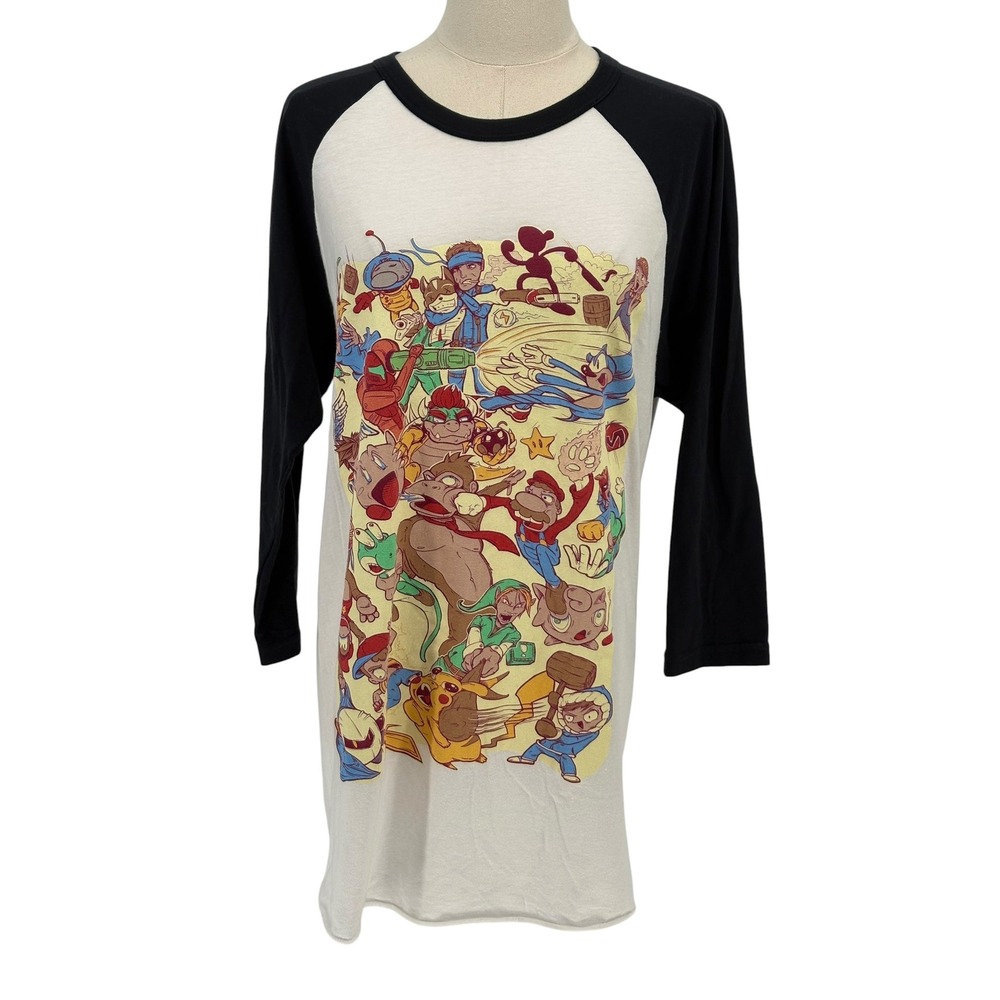 American Apparel Raglan Tee White Black Gaming Character Graphic Size M